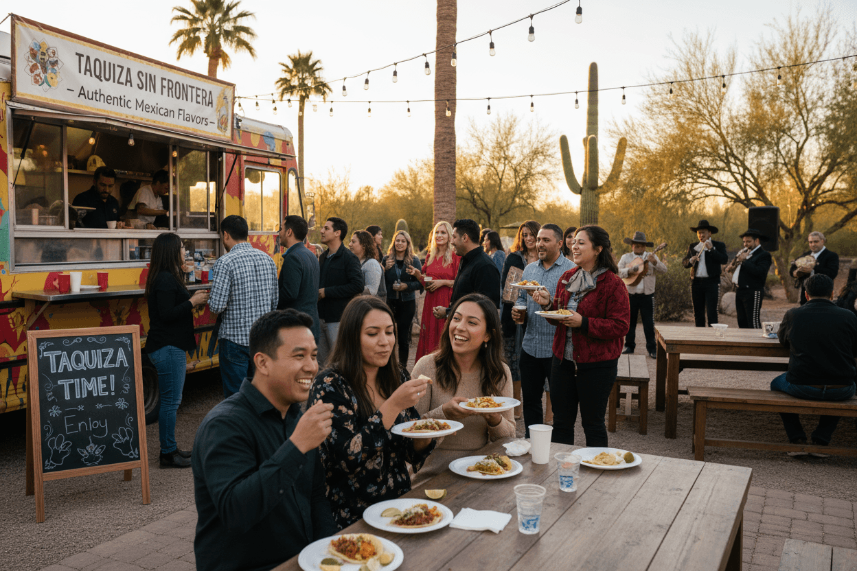 Guests enjoying Taquiza Sin Frontera catering at outdoor event