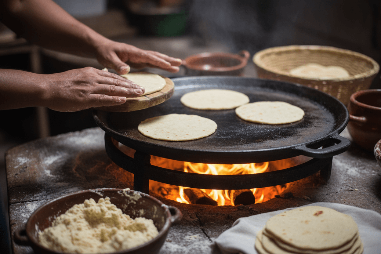 Handmade corn tortillas being prepared on traditional comal
