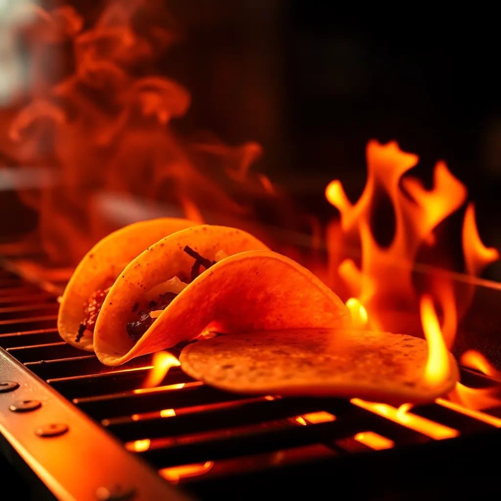 Sizzling tacos on grill with flames