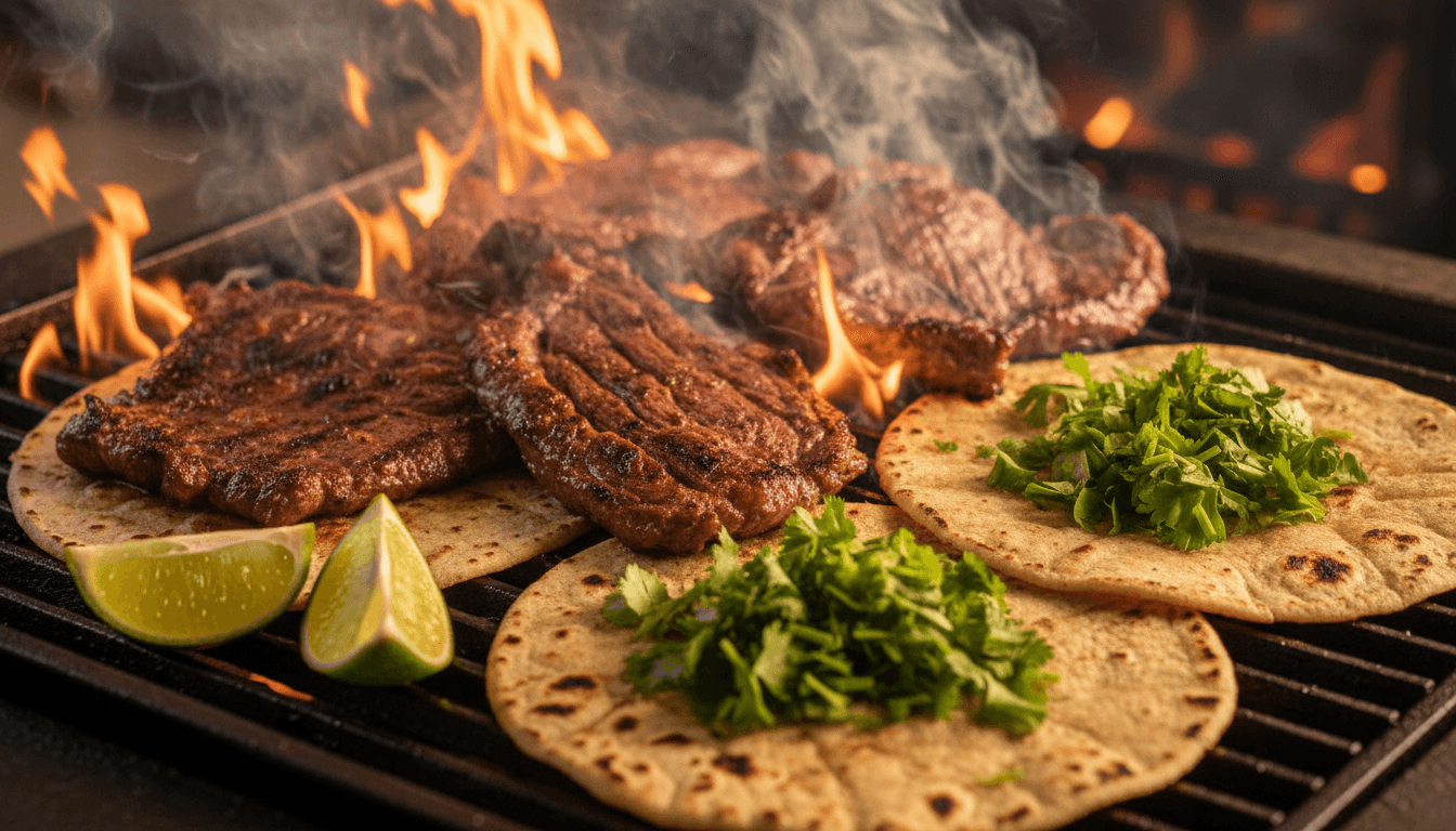 Sizzling carne asada tacos on grill with flames at Taquiza Sin Frontera