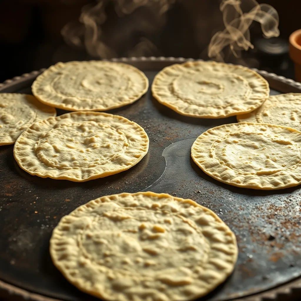 Handmade corn tortillas on comal
