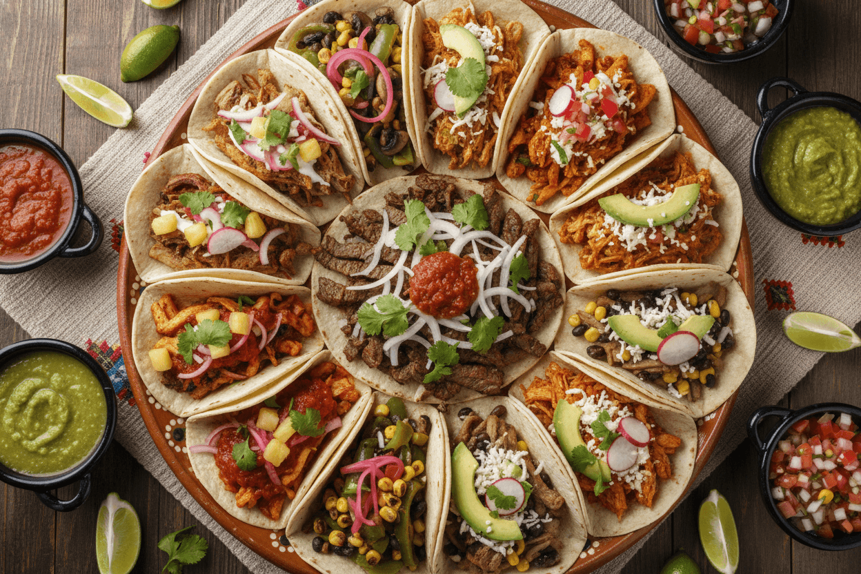 Variety of authentic Mexican tacos from Taquiza Sin Frontera menu